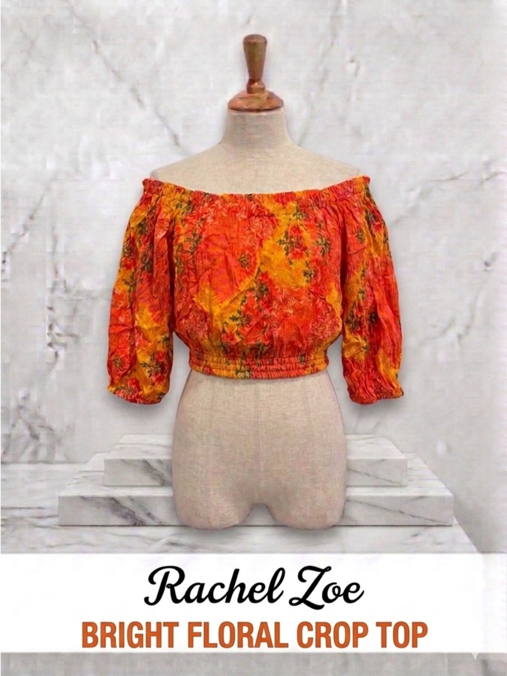 Rachel Zoe Orange & Yellow Floral Off-Shoulder Crop Top Size XS NWOT